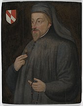 A man dressed in grey with a beard, holding a rosary, depicted next to a coat of arms.