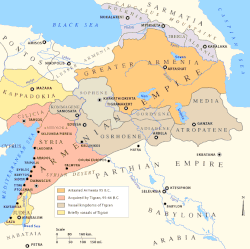 อาร์เมเนียในขอบเขตที่ยิ่งใหญ่ที่สุดภายใต้ Tigranes the Great, 69 BC (รวมถึงข้าราชบริพาร)