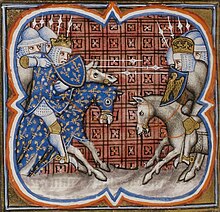 An illuminated picture of two armies of mounted knights fighting; the French side are on the left, the Imperial on the right.