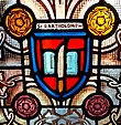 Stained glass window ca. 1900 showing flaying knife, symbol of St. Bartholomew
