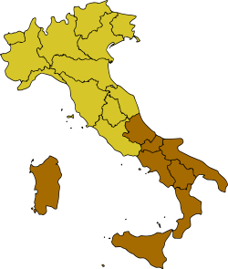แผนที่ของอิตาลีเน้นทางตอนใต้ของอิตาลี