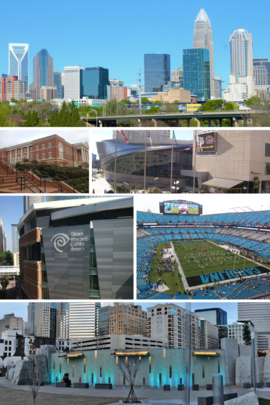 จากบนลงล่างซ้ายไปขวา: Charlotte skyline, UNC Charlotte, NASCAR Hall of Fame, Spectrum Center, Bank of America Stadium, Romare Bearden Park