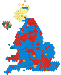 A map of the United Kingdom, with all constituencies given equal area. In Northern England, Labour hold the majority of Northern seats, the Conservatives hold some rural seats, and the Liberal Democrats hold a single seat, as does the Speaker.