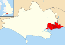 Localização da antiga autoridade unitária de Bournemouth (vermelho escuro) em Bournemouth, Christchurch e Poole (vermelho)