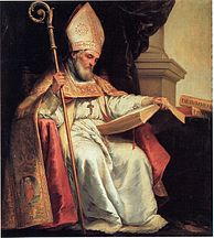A painting of Isidore sitting consulting a book