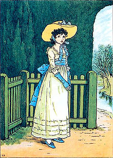 illustration of a young woman dressed in a white ruffled dress with a large sash tied in a bow wearing a large brimmed hat against a background of a garden fence tall hedges and stream
