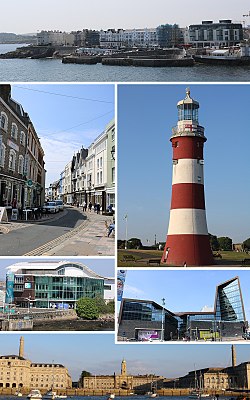 Theo chiều kim đồng hồ từ trên xuống: West Hoe, Smeaton's Tower, University of Plymouth, Royal William Yard, National Marine Aquarium, Southside St, Barbican
