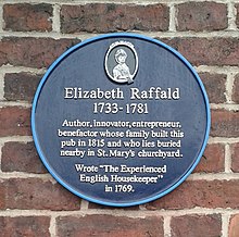 Plaque, reading "Elizabeth Raffald 1733–1781. Author, innovator, entrepreneur, benefactor whose family built this pub in 1815 and who lies buried nearby in St Mary's churchyard. Wrote "The Experienced Housekeeper" in 1769."