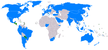 A map of the world showing countries which have relations with the Republic of China. Only a few small countries maintain diplomatic relations with the government of Taiwan, mainly in Central America, South America and Africa.