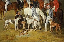 Detail of The Caledonian Coursing Meeting near the Castle of Ardrossan, the Isle of Arran in the Distance by Richard Ansdell, 1844, showing gentlemen on horseback hunting hares with greyhounds