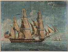 Painting of the frigate USS Constitution with three masts