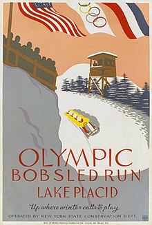 A stylized image shows a four-man bobled running the bobsled track, with an observation tower and spectator viewing area on either side. At the top of the image are the flags of the United States, the Olympic movement, and France, and the bottom of the poster reads, "Olympic Bobsled Run Lake Placid, Up where winter calls to play, Operated by New York State Conservation Dept."