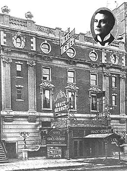 photo of exterior of The Hackett Theater in 1909, with signs announcing that actress Grace George is starring; inset shows photo of James K. Hackett's face