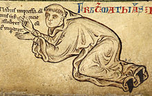 A medieval sketch of Matthew Paris, dressed as a monk and on his hands and knees.