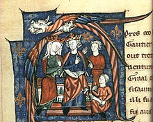 An illuminated manuscript, showing Henry and Aquitaine sat on thrones, accompanied by two staff. Two elaborate birds form a canopy over the pair of rulers.