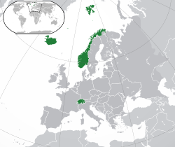 ที่ตั้งของ EFTA {{{1}}} (สีเขียว) ในยุโรป (สีเขียวและสีเทาเข้ม)