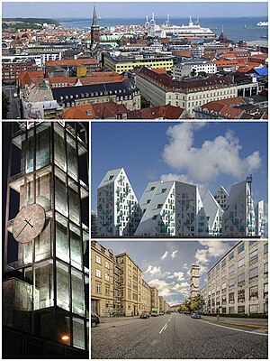 Desde arriba y de izquierda a derecha: horizonte de Aarhus, ayuntamiento de Aarhus, Isbjerget, Park Allé