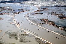 Aerial view of flooding along a stream