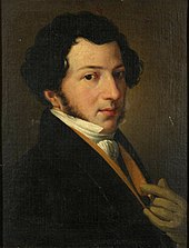 oil painting of head and torso of young white man with medium length dark hair