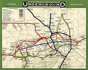 A map titled "London Underground Railways" showing each of the underground railway lines in a different colour with stations marked as blobs. Faint background detail shows the River Thames, roads and non-underground lines.