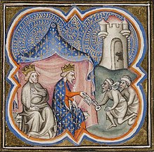 A picture showing King Richard sat beside King Philip II, the latter is receiving a key from two Arabs; a castle, presumably Acre, can be seen in the top right of the picture.