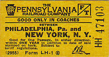 Yellow PRR Philadelphia to New York coach ticket circa 1955