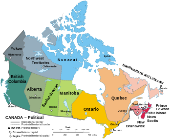 خريطة كندا تظهر مقاطعاتها العشر وثلاثة أقاليم