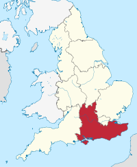 ทางตะวันออกเฉียงใต้ของอังกฤษเน้นด้วยสีแดงบนแผนที่การเมืองสีเบจของอังกฤษ