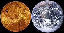 Venus, represented without its atmosphere, side by side with Earth. Venus is slightly smaller.