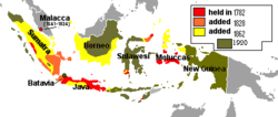 แผนที่หมู่เกาะอินเดียตะวันออกของดัตช์แสดงการขยายอาณาเขตตั้งแต่ปี 1800 จนถึงระดับสูงสุดก่อนที่ญี่ปุ่นจะยึดครองในปีพ. ศ. 2485