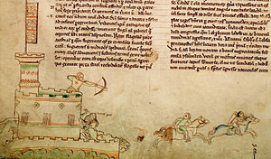 A drawing of a medieval castle, with a tall tower with a flag on top; a crossbowman is firing an arrow from the battlements at two horsemen.