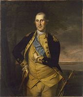 Formal painting of General George Washington, standing in uniform, as commander of the Continental Army