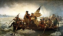 Famous 1851 painting by Emanuel Leutze, depicting Washington, standing in a boat with his troops, crossing the icy Delaware River, with soldiers pushing away chunks of ice