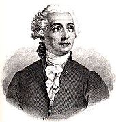 A drawing of a young man facing towards the viewer, but looking on the side. He wear a white curly wig, dark suit and white scarf.