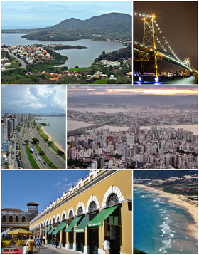 Vanaf de top, met de klok mee: panorama aan de zuidkant van Lagoa da Conceição; Hercilio Luz-brug bij nacht; panorama van de centrale regio vanaf de Morro da Cruz; Santinho-strand; Openbare markt in het historische centrum en uitzicht op Beira Mar Avenue.
