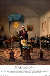 Washington is shown presiding as Master Mason over a lodge meeting.