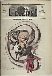 A cartoon showing a misshapen figure of a man with a tiny body below a head with prominent nose and chin standing on the lobe of a human ear. The figure is hammering the sharp end of a crochet symbol into the inner part of the ear and blood pours out.