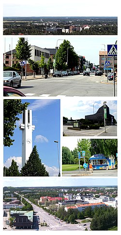 บน: มุมมองแบบพาโนรามาของSeinäjokiจากเนินเขา Jouppilanvuori ที่ 2: ถนน Torikeskus และบริเวณ Koulukatu ที่ 3 ซ้าย: โบสถ์ Lakeuden Risti ที่ 3 บนขวา: Aalto Center (Aaltokeskus) ขวาล่างที่ 3: Lakeuden Risti Park ด้านล่าง: ทิวทัศน์ของตัวเมืองSeinäjoki จาก Alvar Aalto Tower