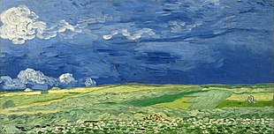 An expansive painting of a wheatfield, with green hills through the centre underneath dark and forbidding skies.
