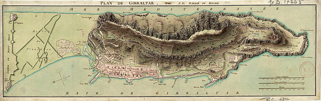 Map of Gibraltar by Jean-Denis Barbié du Bocage, annotated in French.