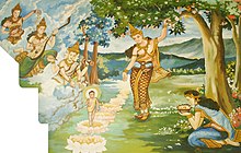 The painting depicts Gautam Buddha taking seven steps immediately after birth; seven lotuses mark his steps. His mother, Maya, watches over him while grabbing on a Sal tree branch for support, gods and angels celebrate the occasion by showering flowers and playing music.