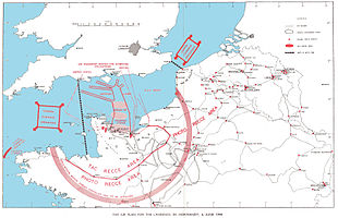 A map of southern Britain, northern France and Belgium, marked with the routes the Allied air and naval invasion forces used in the D-Day landings, areas where Allied aircraft patrolled, locations of railway targets that were attacked, and areas where airfields could be built