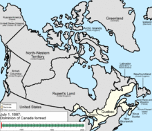 When Canada was formed in 1867 its provinces were a relatively narrow strip in the southeast, with vast territories in the interior. It grew by adding British Columbia in 1871, P.E.I. in 1873, the British Arctic Islands in 1880, and Newfoundland in 1949; meanwhile, its provinces grew both in size and number at the expense of its territories.