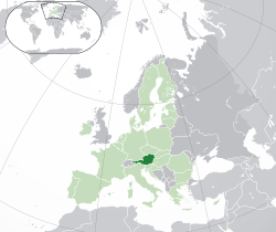 ที่ตั้งของออสเตรีย (สีเขียวเข้ม) - ในยุโรป (สีเขียวและสีเทาเข้ม) - ในสหภาพยุโรป (สีเขียว) - [ตำนาน]