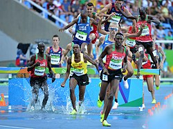 Sgt。 ヒラリー・ボアは、リオオリンピックの写真で3,000メートルの障害物競走を行っています。写真は米陸軍IMCOM広報（28945469872）.jpgのTimHippsによるものです。