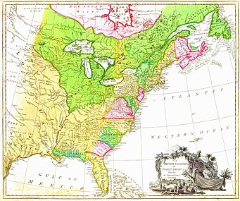 MAP of the British North American colonies in 1777. (1) To the north is British Quebec, the French 1763 cession in green, north of the St. Lawrence River, east to the Atlantic, west to the Great Lakes, then south along the Mississippi River to its confluence with the Ohio River. (2) To the south are the Floridas, the Spanish 1763 cessions of East Florida in green (Mobile and Pensacola) and West Florida in light yellow (the Florida peninsula south of the St. John's River and east of the Apalachicola River). (3) The Atlantic seaboard colonies number ten in a way unfamiliar to the modern eye. Georgia, South Carolina, North Carolina, Virginia and Maryland are all limited west by the 1763 Royal Proclamation. Pennsylvania had a treaty west nearly to its modern border. Delaware was the same three counties ceded from Pennsylvania. New York was west only the Lake Erie midpoint where the Seneca River empties into it. The Massachusetts (and its Maine), New Hampshire, Connecticut, and Rhode Island are all labelled "New England", Nova Scotia includes the island and modern New Brunswick.