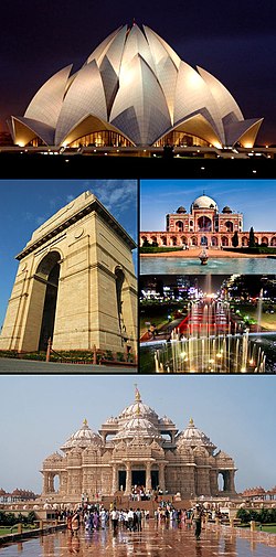 Từ trên cùng theo chiều kim đồng hồ: Đền Lotus, Lăng mộ Humayun, Nơi Connaught, đền Akshardham và Cổng Ấn Độ