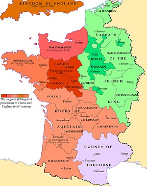 A coloured map of medieval France, showing the Angevin territories in the west, the royal French territories in the east, and the Duchy of Toulouse in the south.