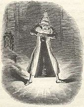 Scrooge pushing a large candle damper over the first ghost