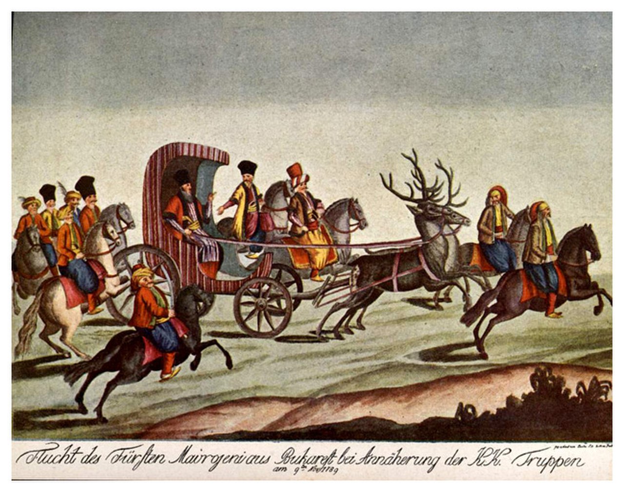 Painting of people traveling on horseback and in a carriage drawn by stags